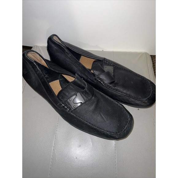 Born Black Leather Slip On Moc Toe Driving Moccasin Loafers Shoe sz12 metal link - Picture 5 of 7